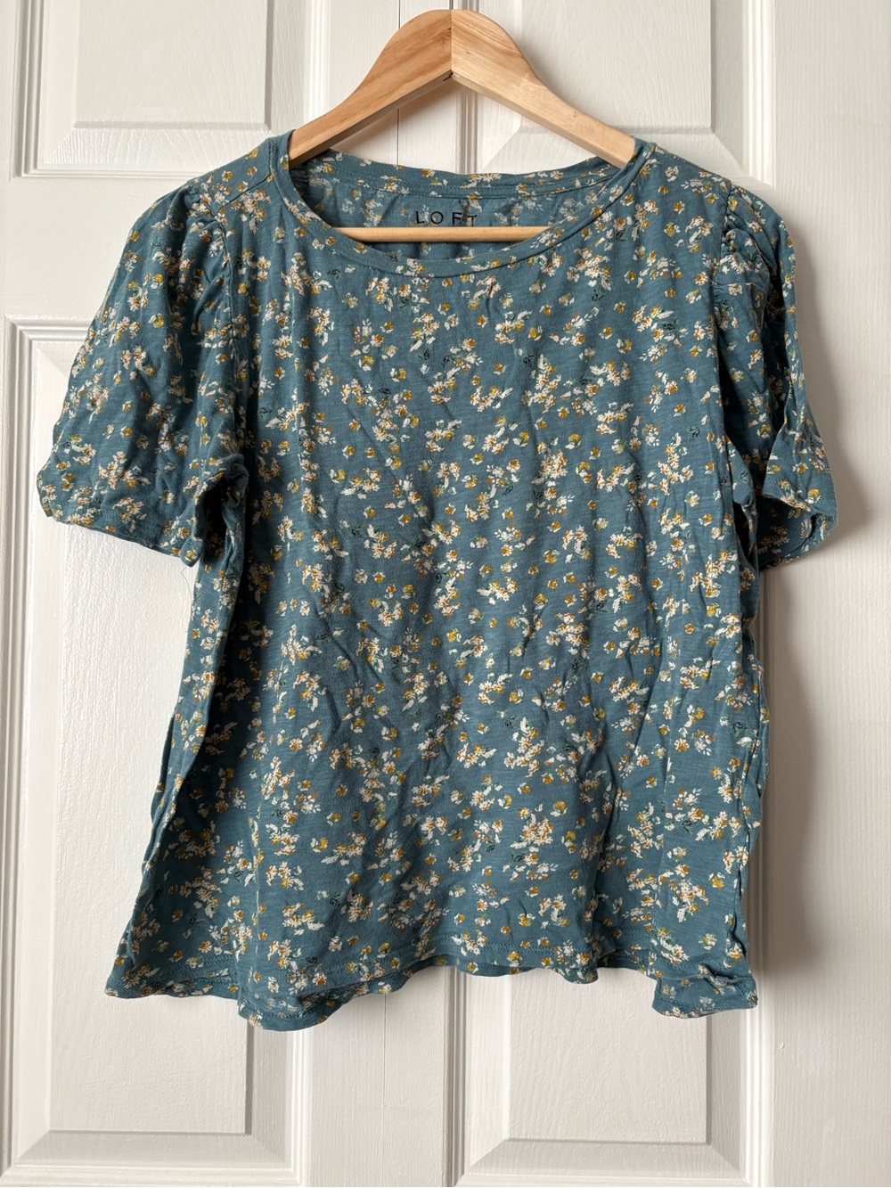 LOFT Teal Blue Floral Puff-Sleeve Blouse